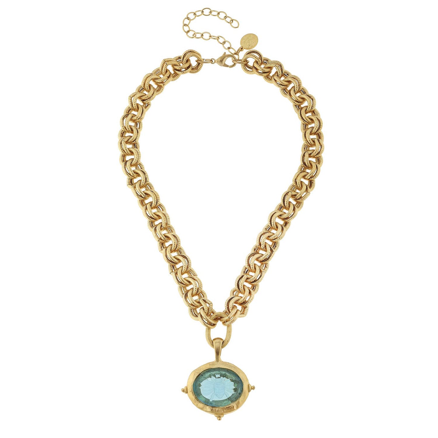 Susan Shaw Aqua Venetian Glass Bee Intaglio on Gold Chain Necklace