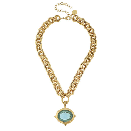 Susan Shaw Aqua Venetian Glass Bee Intaglio on Gold Chain Necklace