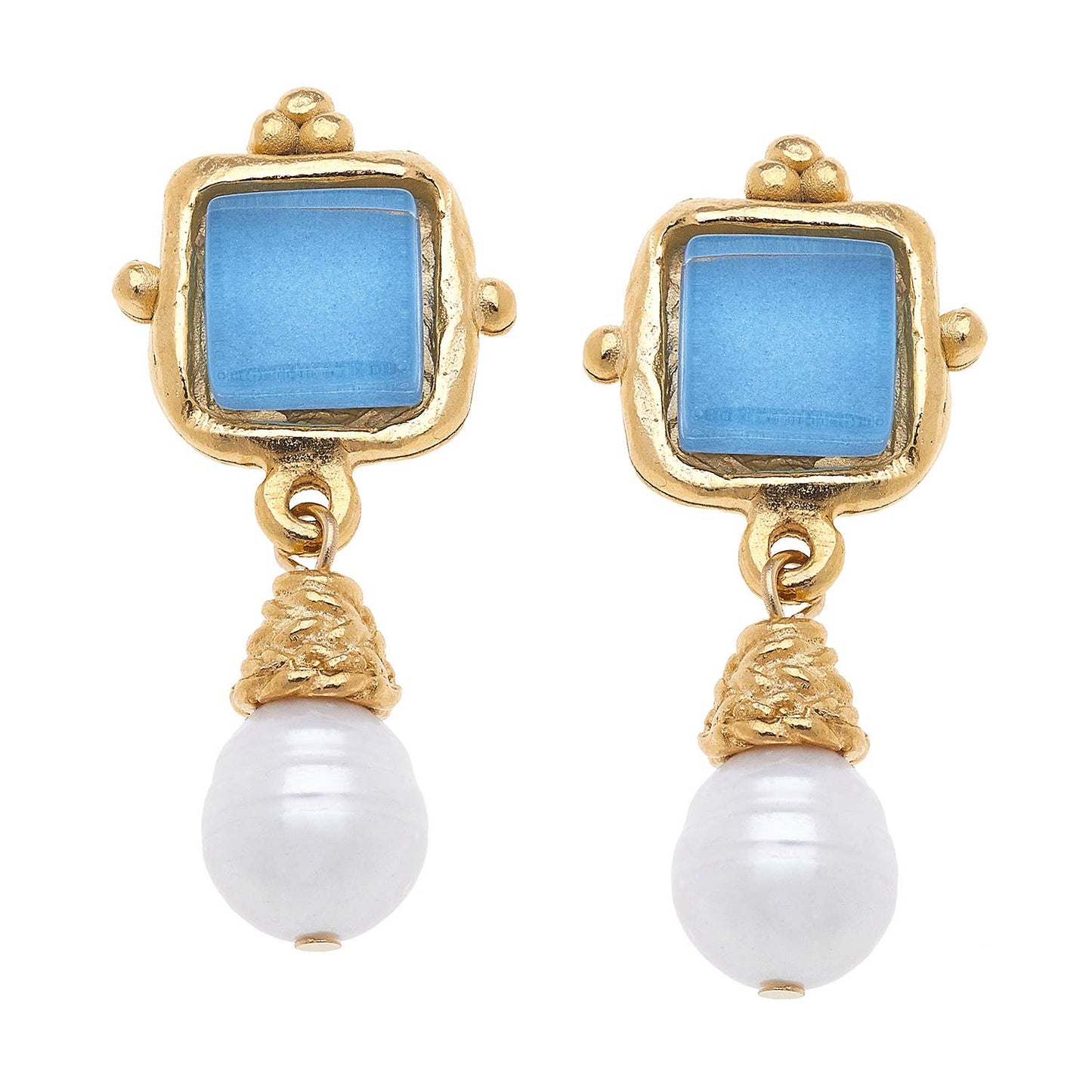 Susan Shaw Charlotte Aqua French Glass + Pearl Drop Earrings