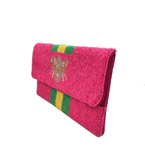 FUCHSIA BEADED BEE CLUTCH W/ GREEN & YELLOW STRIPE