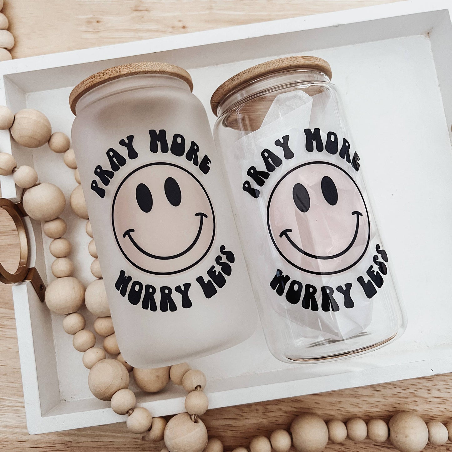 Pray More 16 oz Glass Cup with Bamboo Lid