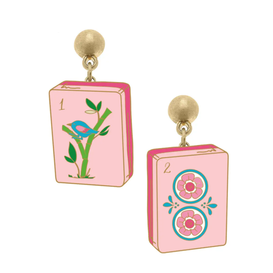 Canvas Style Mahjong Tile Enamel Drop Earrings in Light Pink