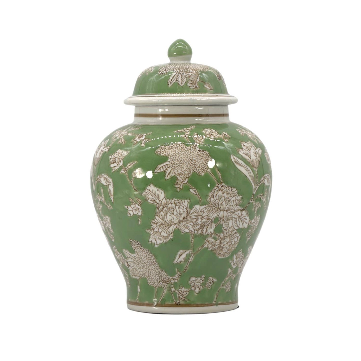 Galt Green & White Floral Peony Ceramic Chinoiserie Jar 12"