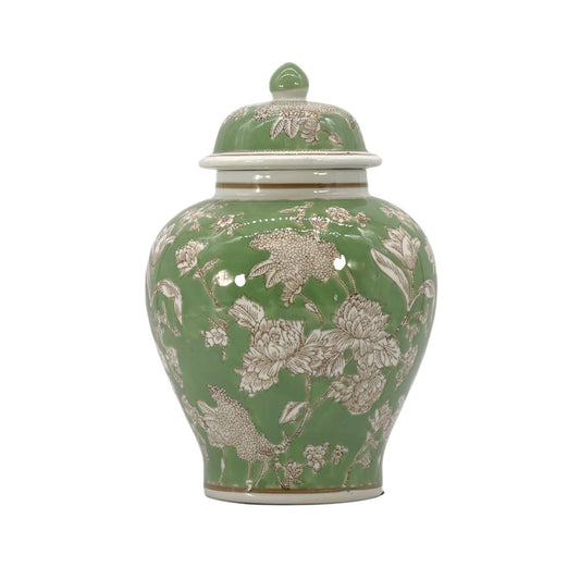 Galt Green & White Floral Peony Ceramic Chinoiserie Jar 12"