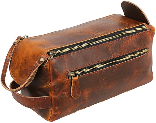 TUZECH Vintage Full Grain Leather Toiletry Bag/Drop Kitt (Dark Brown)