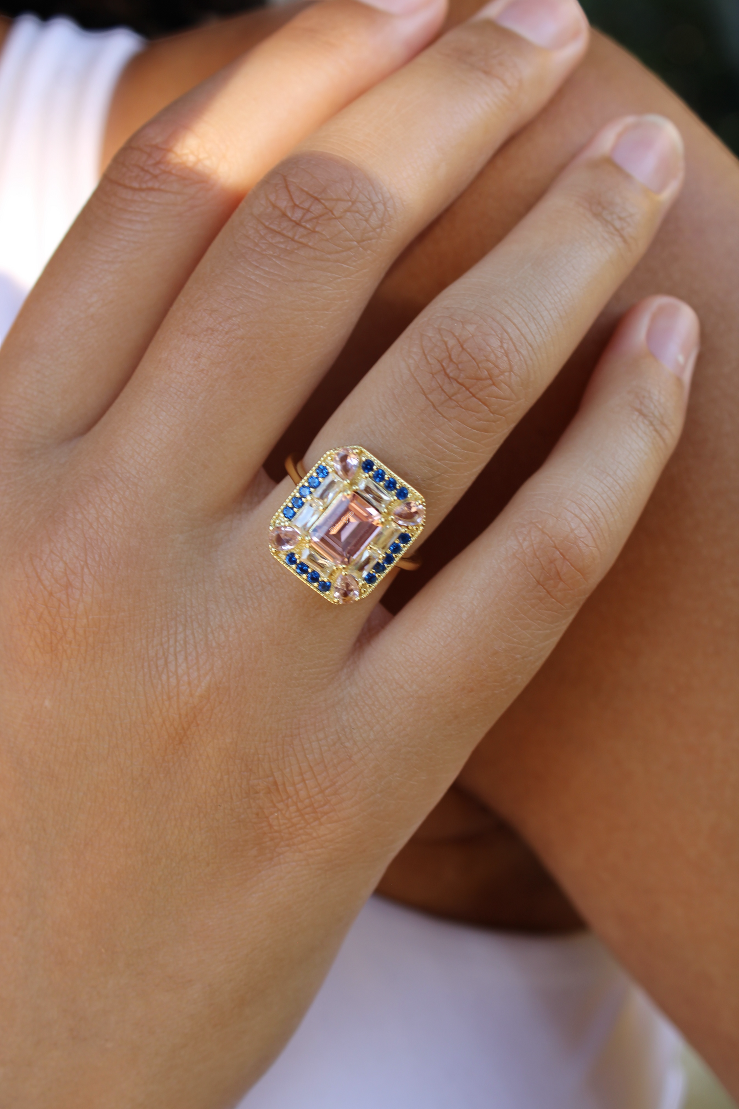 Vivian Grace Sapphire Morganite Art Deco Cocktail Ring- Lab Created Gemstones