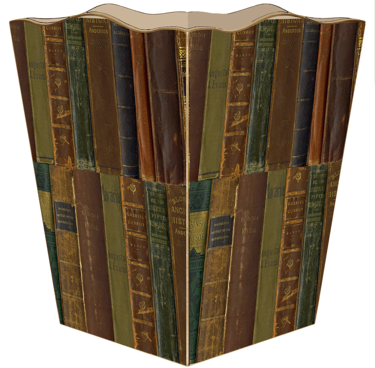Marye-Kelley Antique Book Spines Wastepaper Basket, Scalloped Top