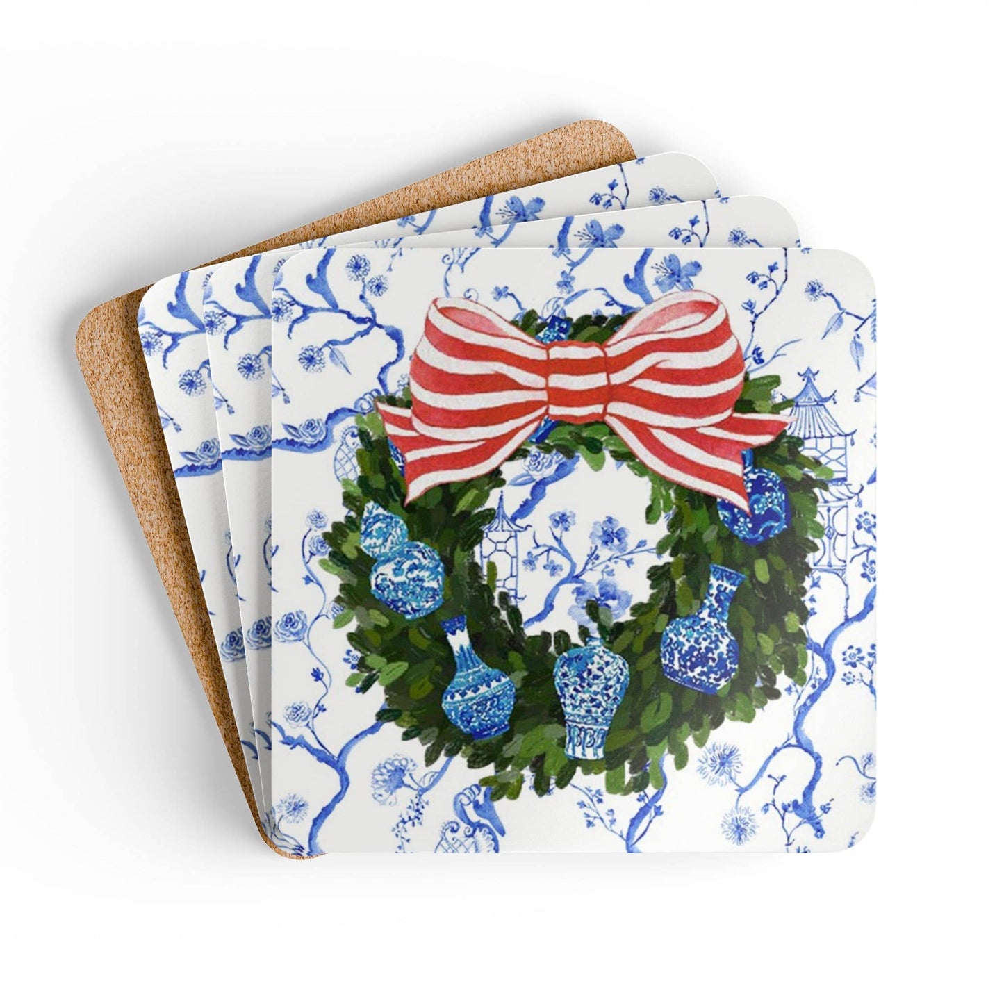 Design Carolinas Chinoiserie Ginger Jar Christmas Wreath Coaster Set