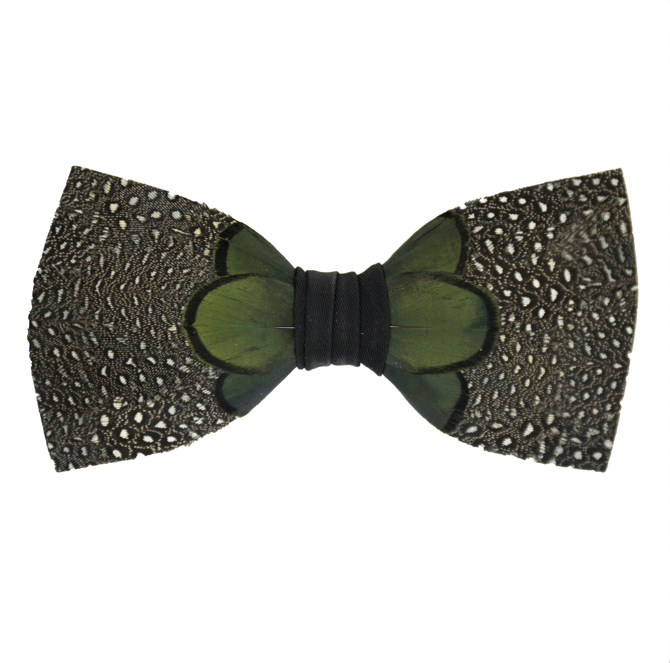 Monarch & Mariposa Feather Bow Tie- Small Dotted Guinea & Green Pheasant
