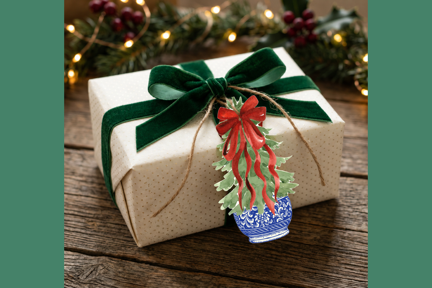 Design Carolinas Christmas Tree Die-Cut Gift Tag | Red Bow Chinoiserie Tags