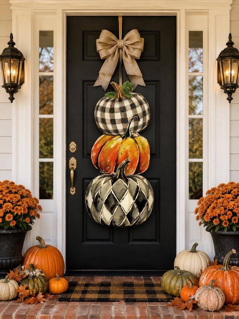 Mid Mod Large Designer Harlequin Pumpkin Door Hanger
