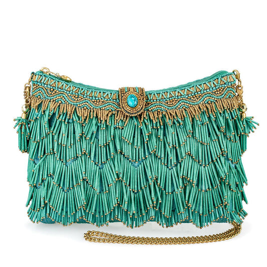Mary Frances Shimmy, Turquoise Fringe Beaded Crossbody Handbag