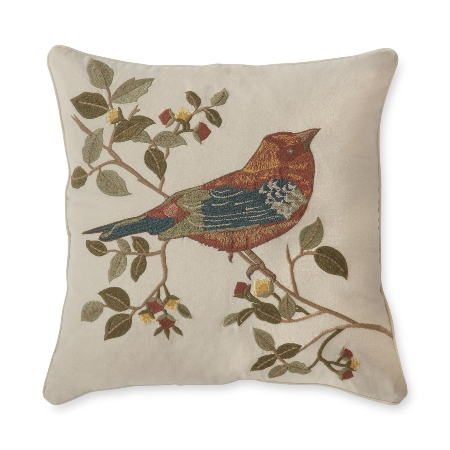 K&K Interiors Embroidered Rust & Blue Bird Square Pillow, 18"