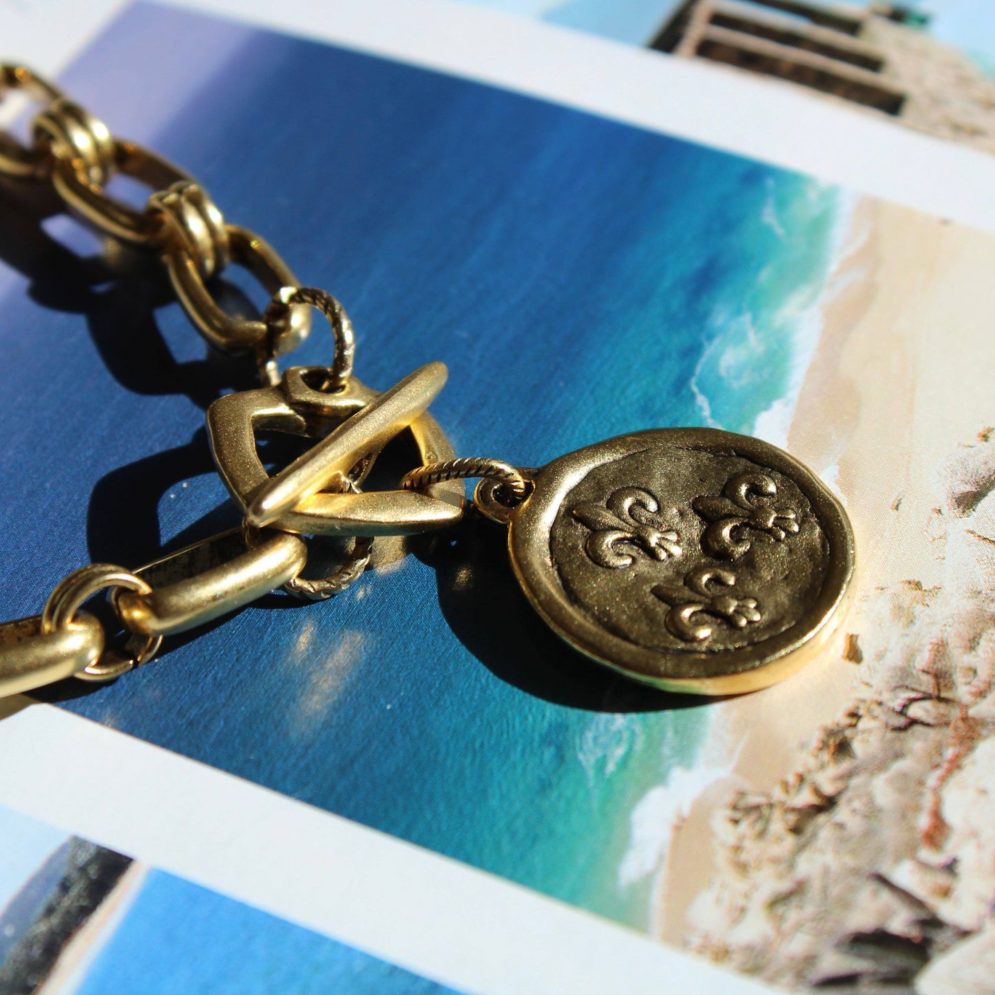 Vivian Grace Antiqued Gold Bee & Fleur de Lis Chunky Chain