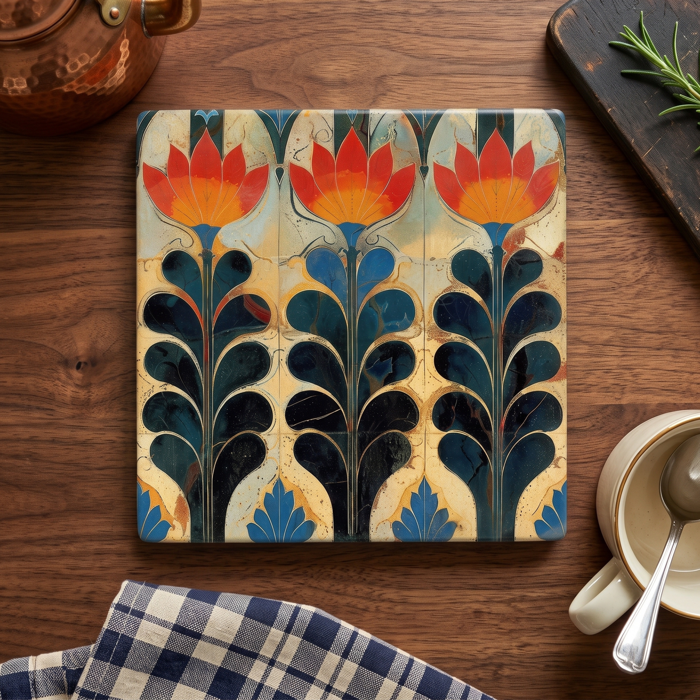 Highland Row Vintage Art Nouveau Floral Ceramic Trivet