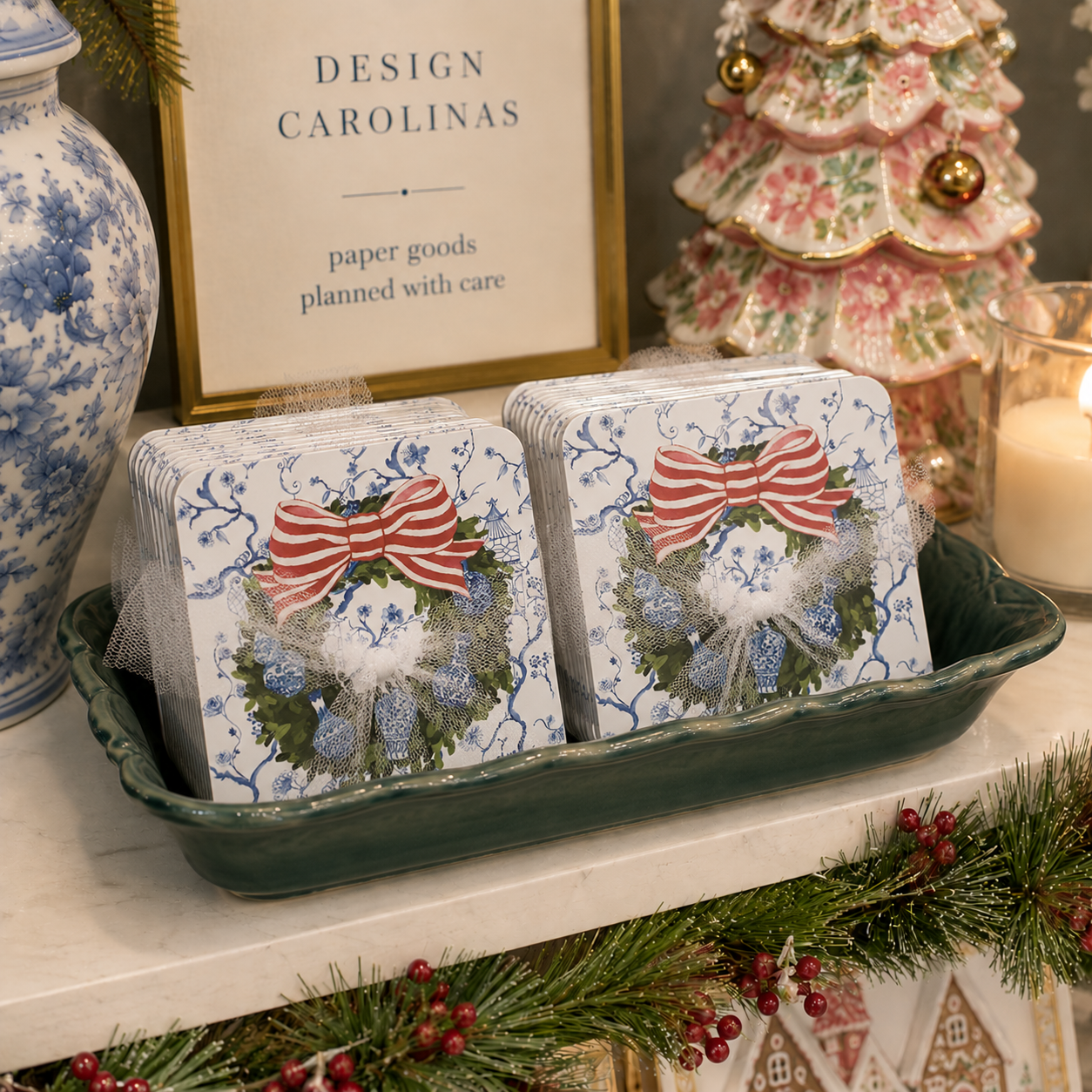 Design Carolinas Chinoiserie Ginger Jar Christmas Wreath Coaster Set