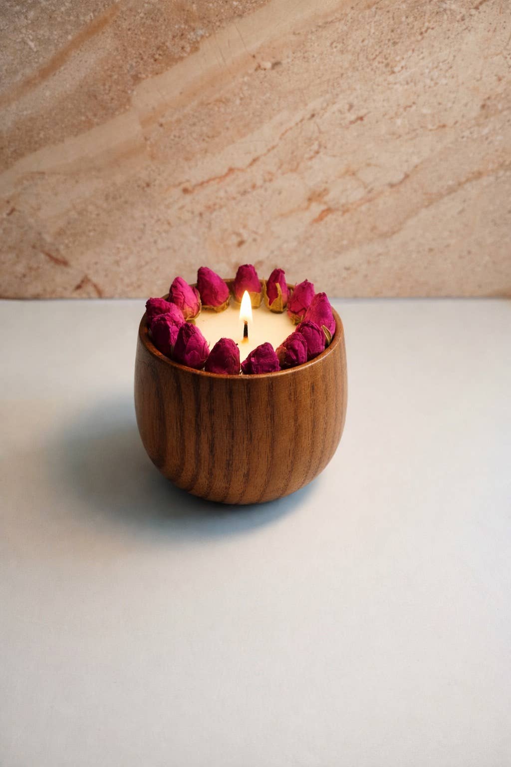 Held in Light - Blush Rose Soy Candle in Natural Wooden Bowl