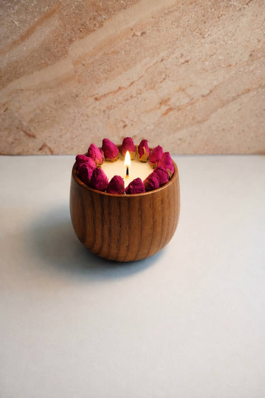 Held in Light - Blush Rose Soy Candle in Natural Wooden Bowl