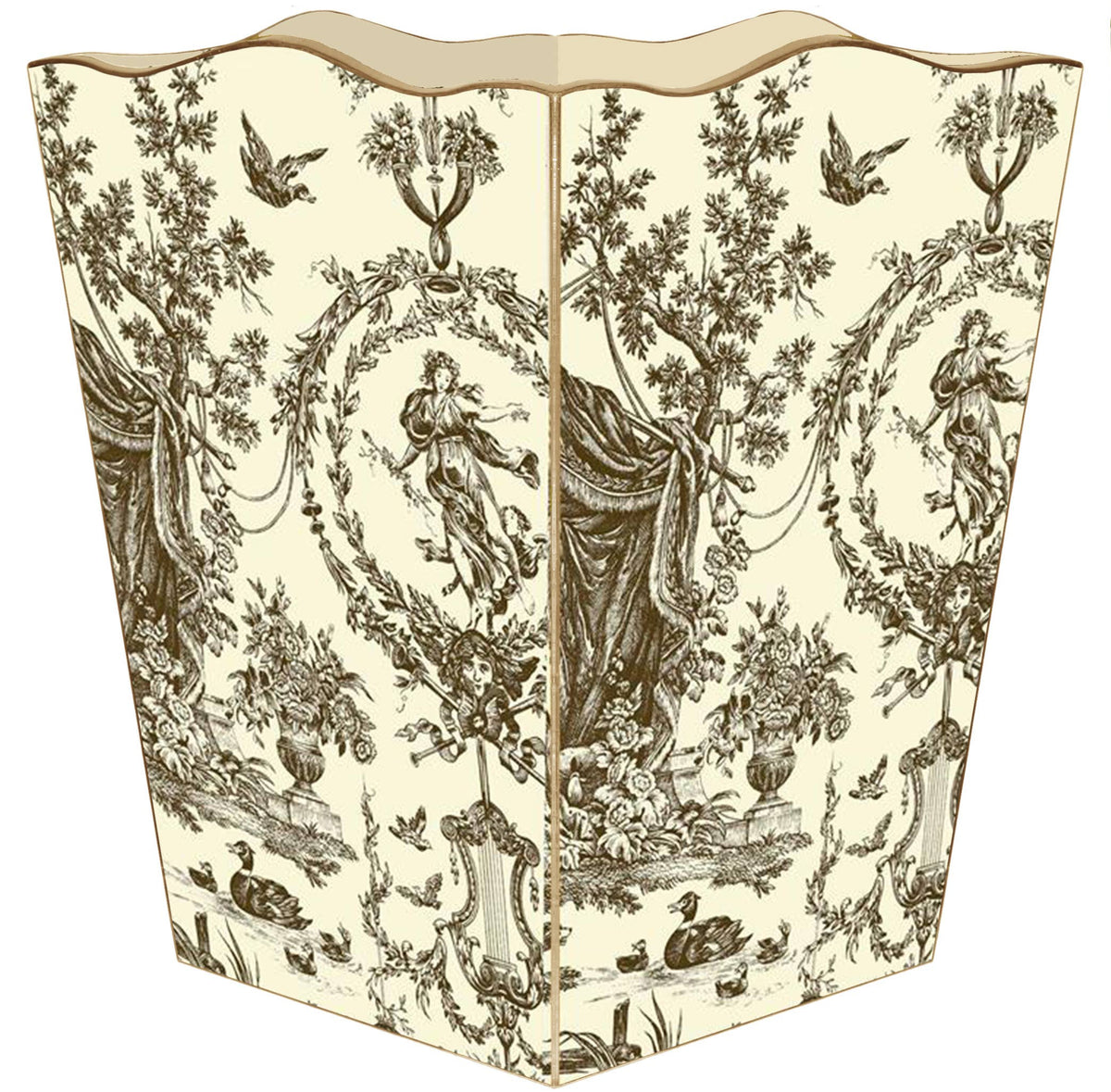 Marye-Kelley Brown & Creme Toile Wastepaper Basket, Scalloped Top
