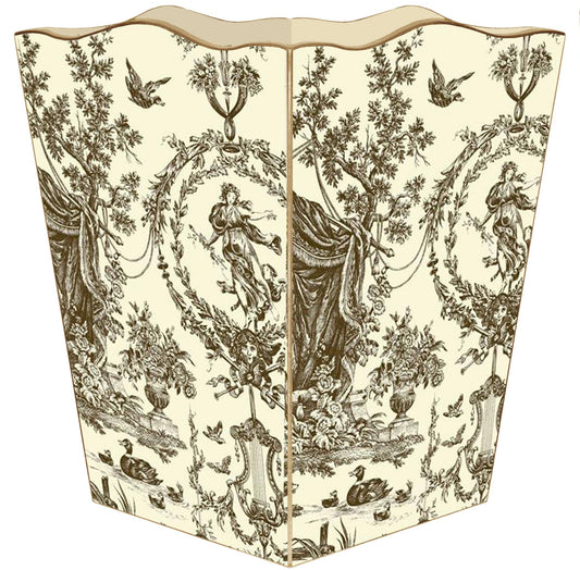 Marye-Kelley Brown & Creme Toile Wastepaper Basket, Scalloped Top