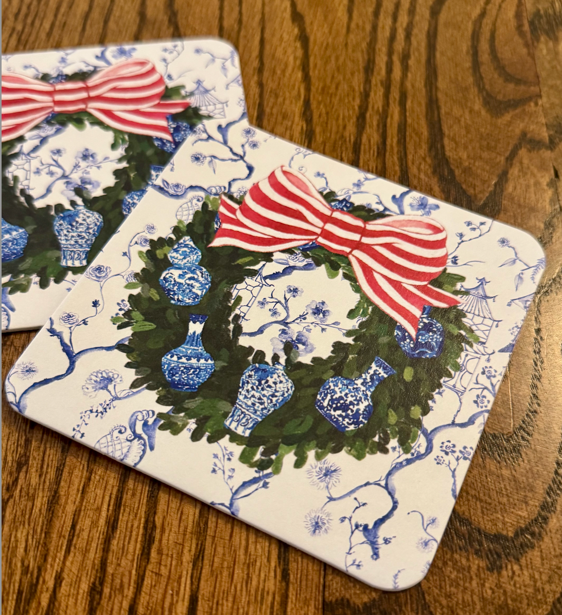 Design Carolinas Chinoiserie Ginger Jar Christmas Wreath Coaster Set