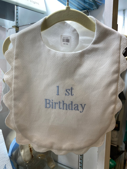 Jan Sevadjian Baby Bib "First Birthday" Blue