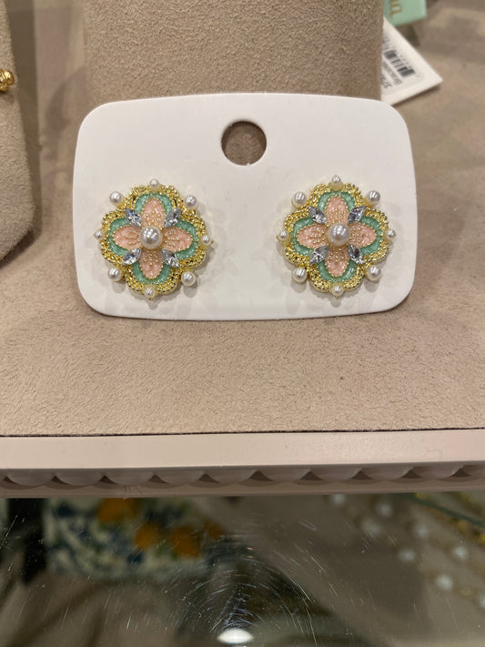 Enameled Clover Vintage Earrings (pink/green)