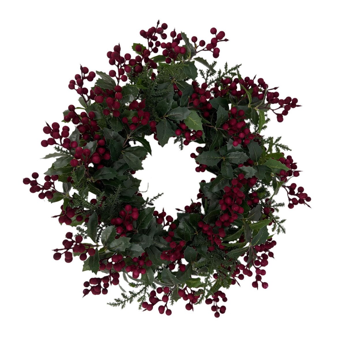 Round Top Holly & Burgundy Berry Wreath, 24"