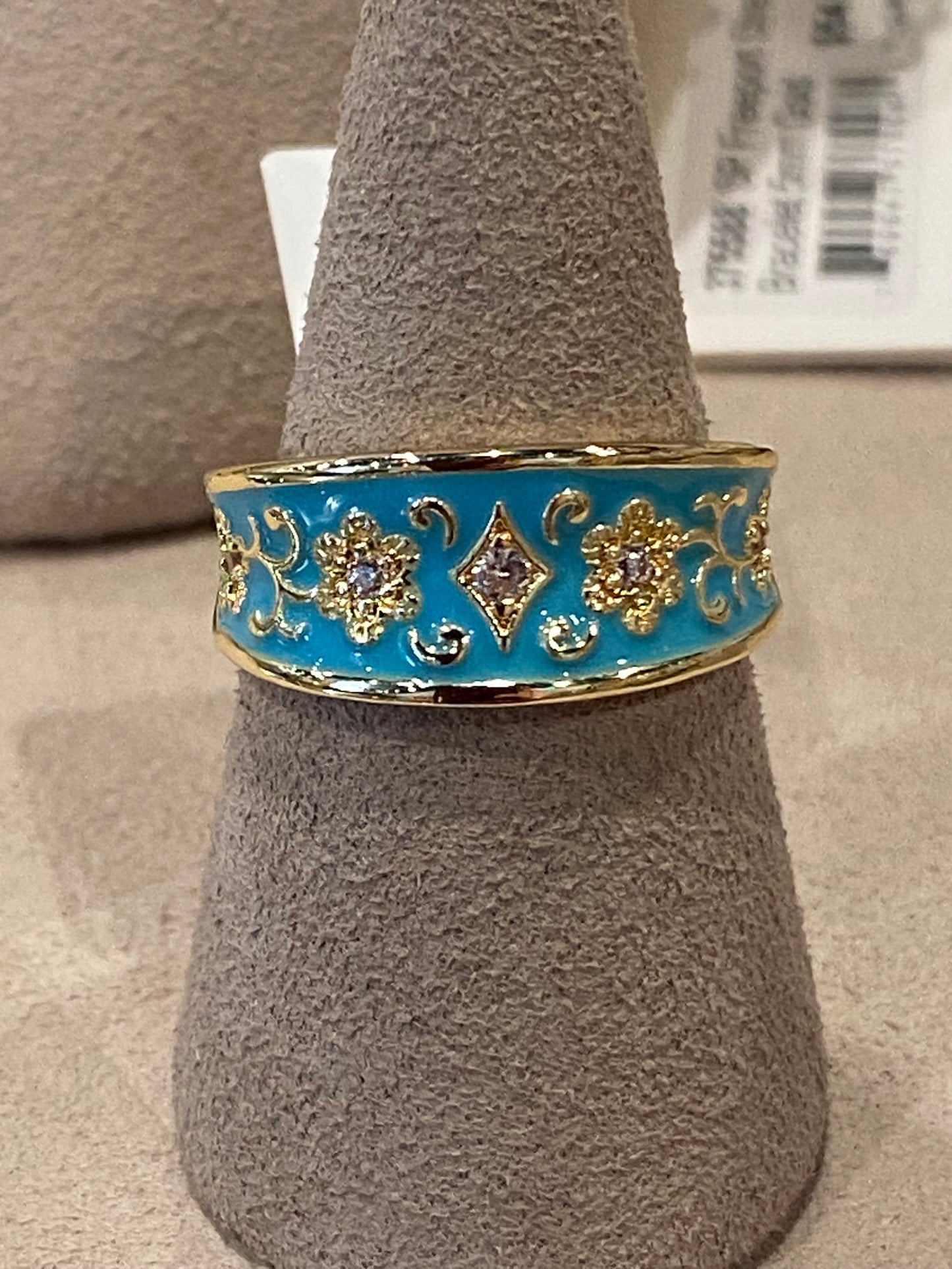 Gold Enamel Teal Insert Vintage Ring