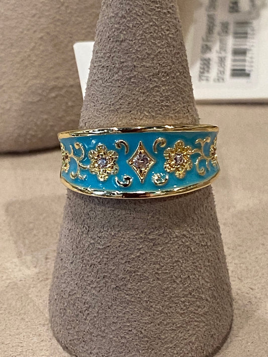 Gold Enamel Teal Insert Vintage Ring