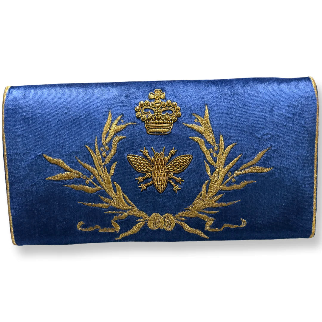 David Jeffery Handbag -Blue Velvet Clutch w/ Embroidered Gold Bee