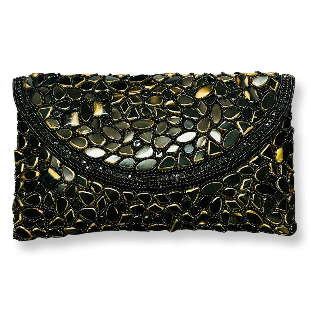 David Jeffery Handbag - Black & Gold Stones Clutch