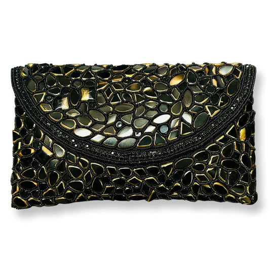 David Jeffery Handbag - Black & Gold Stones Clutch
