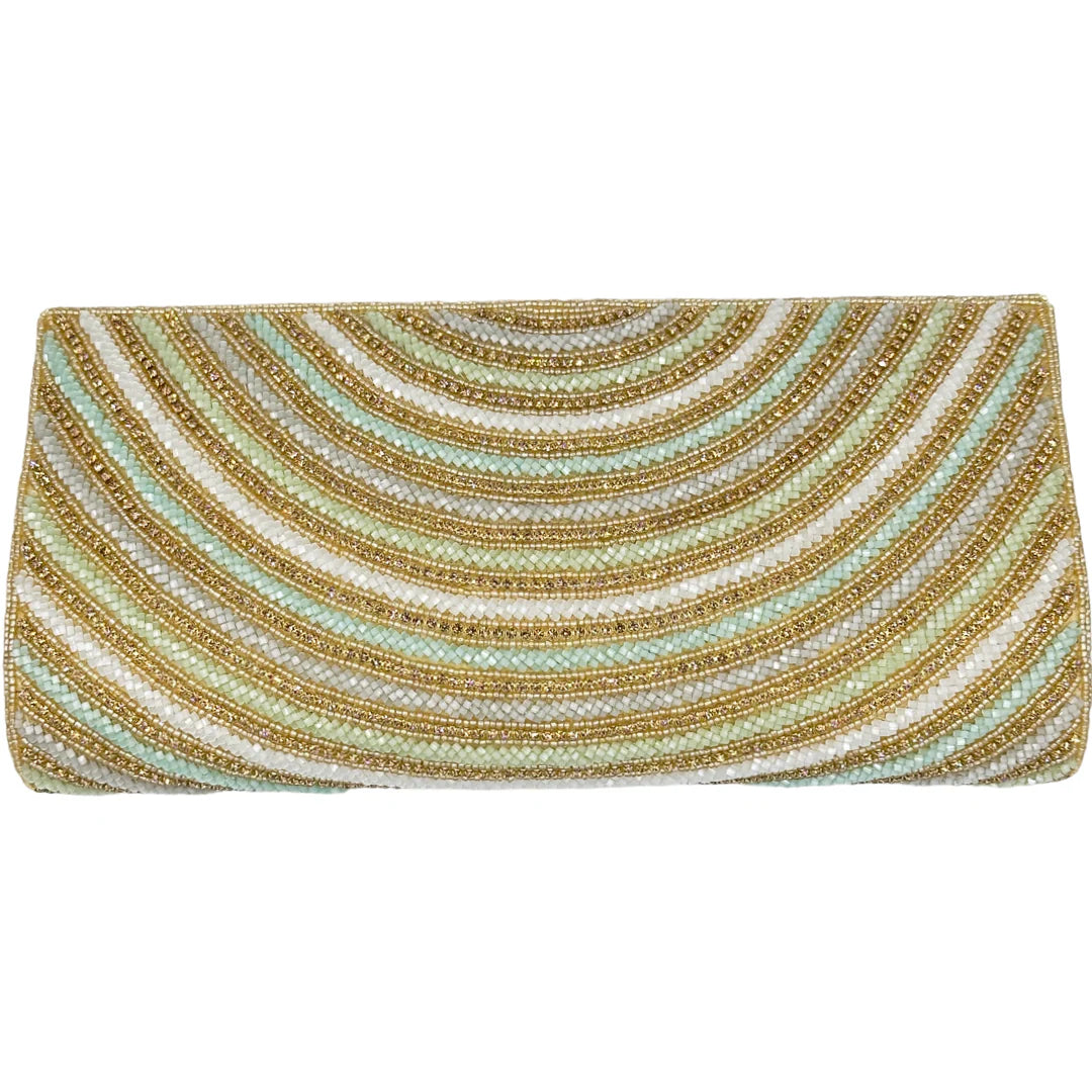 David Jeffery Handbag - Blue Green Ivory Gold Beaded Clutch w/Chain Strap