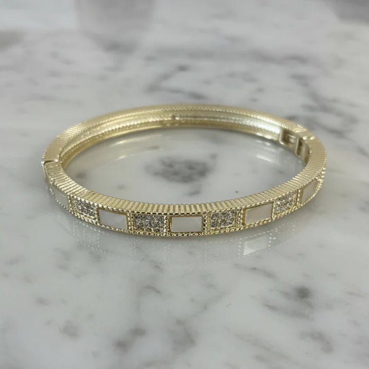 Pavé & Mother-of-Pearl Alternating Gold Hinged Bangle