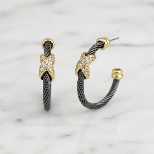 Cable CZ Pavé "X" Hoop Earrings (Hematite & Gold)