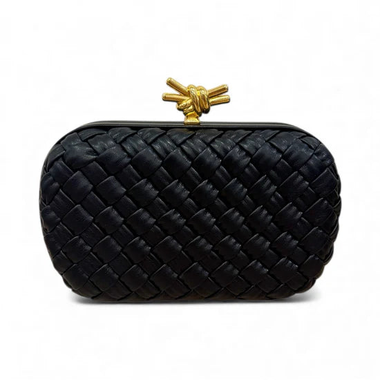 Inzi Leather Woven Clutch with Gold Knot Top Handle