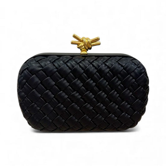 Inzi Leather Woven Clutch with Gold Knot Top Handle