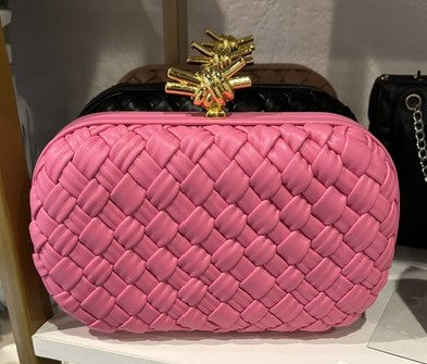 Inzi Leather Woven Clutch with Gold Knot Top Handle