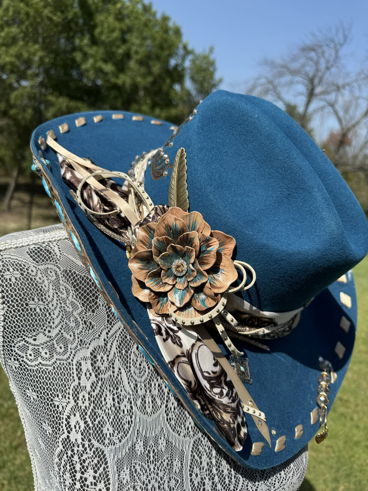 Annie’s Touch Wool Cowgirl Hat - Teal Leopard Wildflower