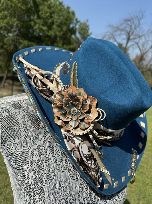 Annie’s Touch Wool Cowgirl Hat - Teal Leopard Wildflower