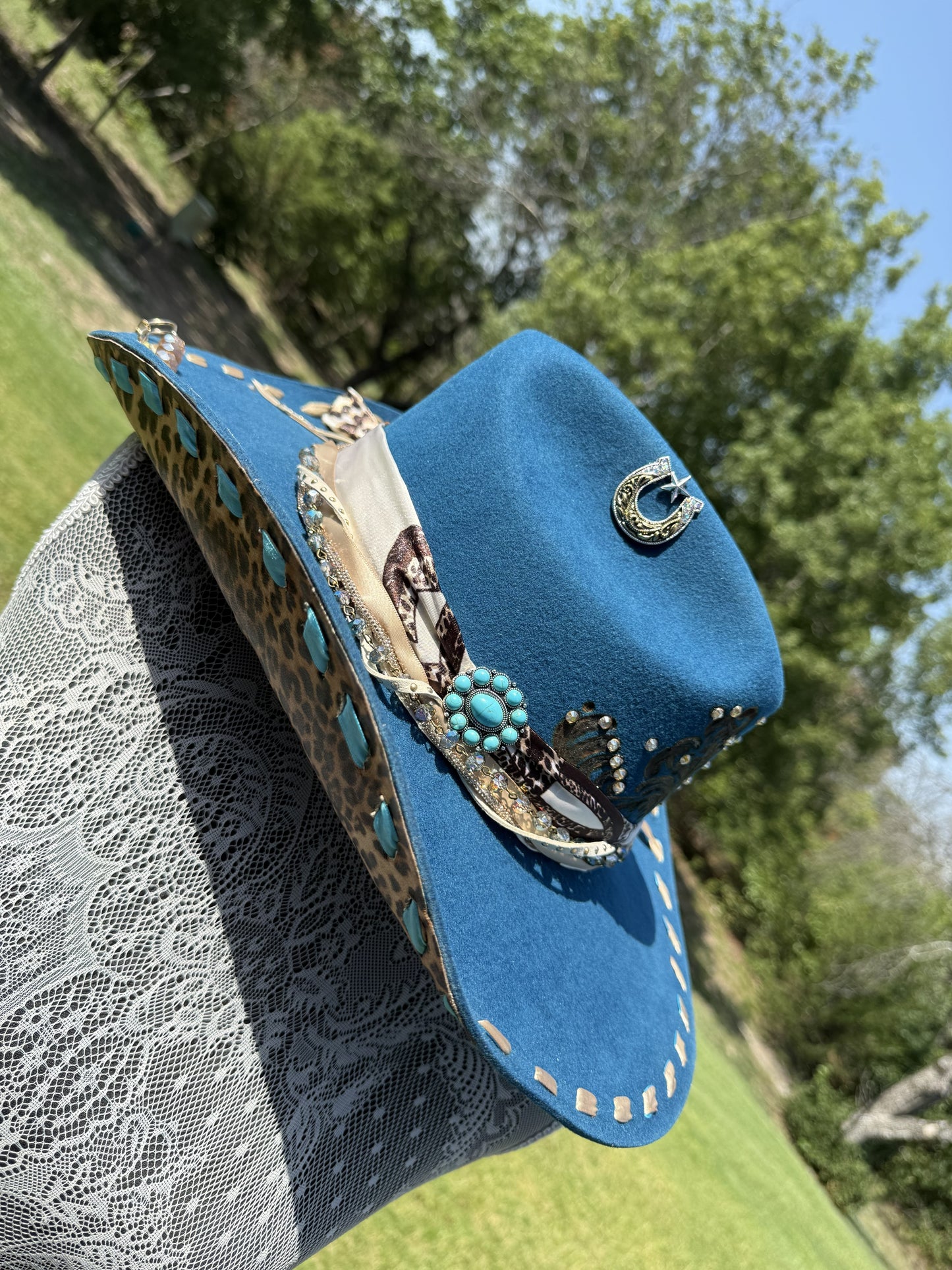 Annie’s Touch Wool Cowgirl Hat - Teal Leopard Wildflower