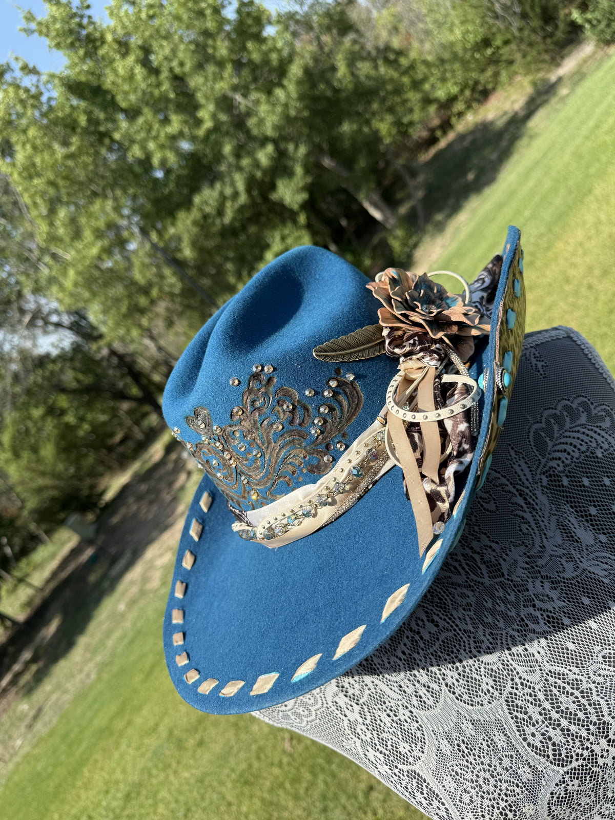 Annie’s Touch Wool Cowgirl Hat - Teal Leopard Wildflower