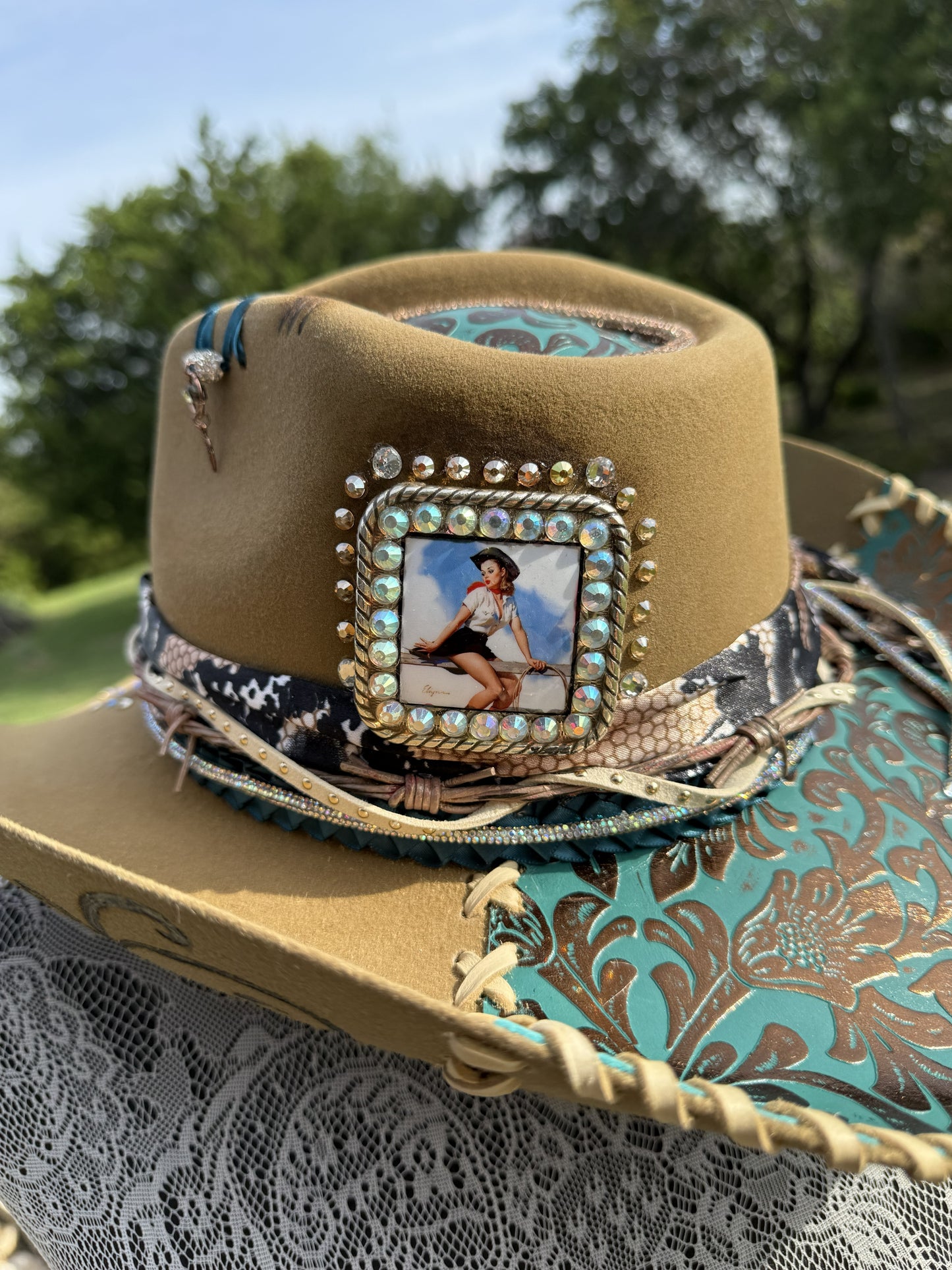 Annie’s Touch Wool Cowgirl Hat- Latte Western Turquoise Lether Patena
