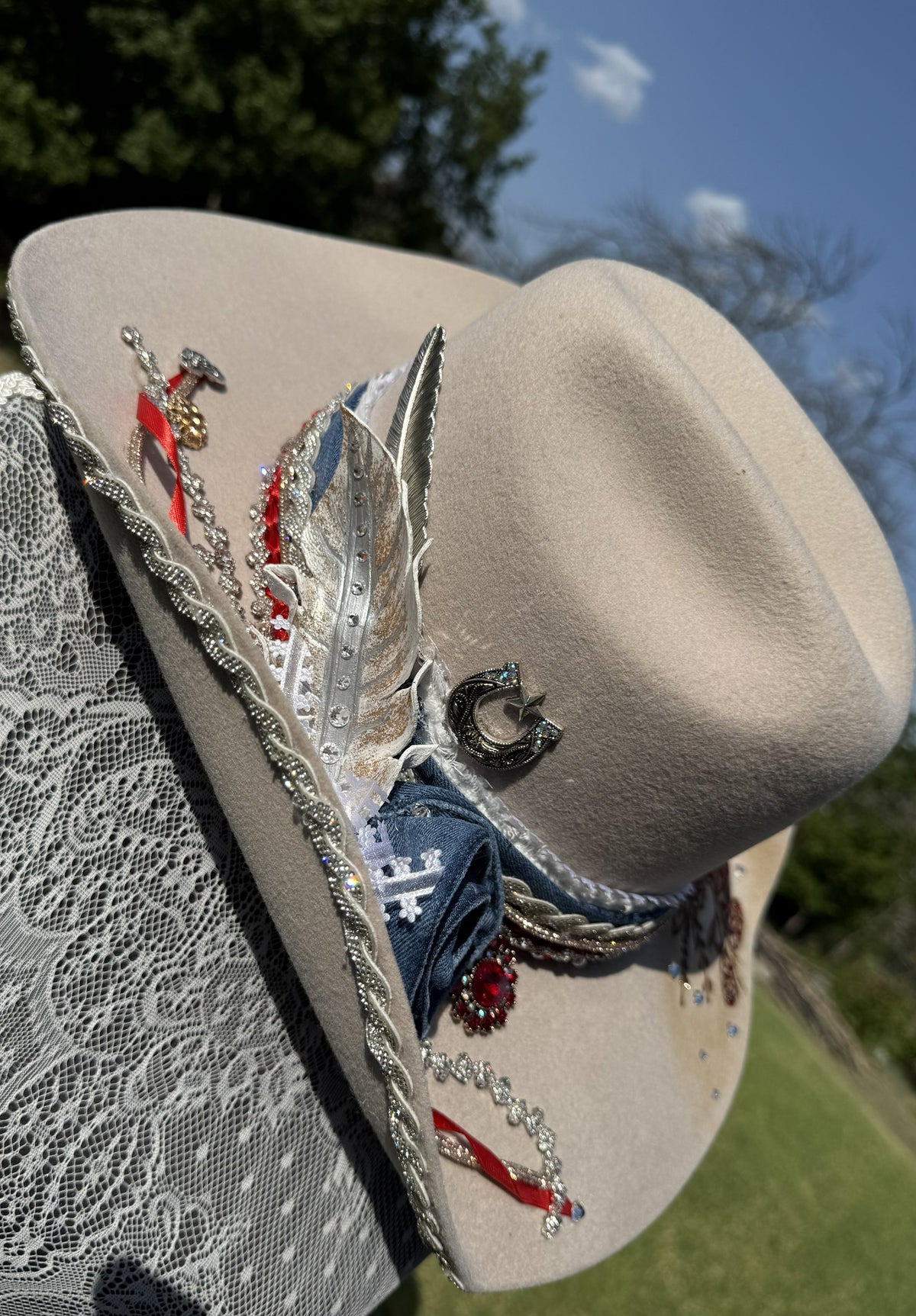 Annie’s Touch Wool Cowgirl Hat- Denim and Roses (Custom Design)