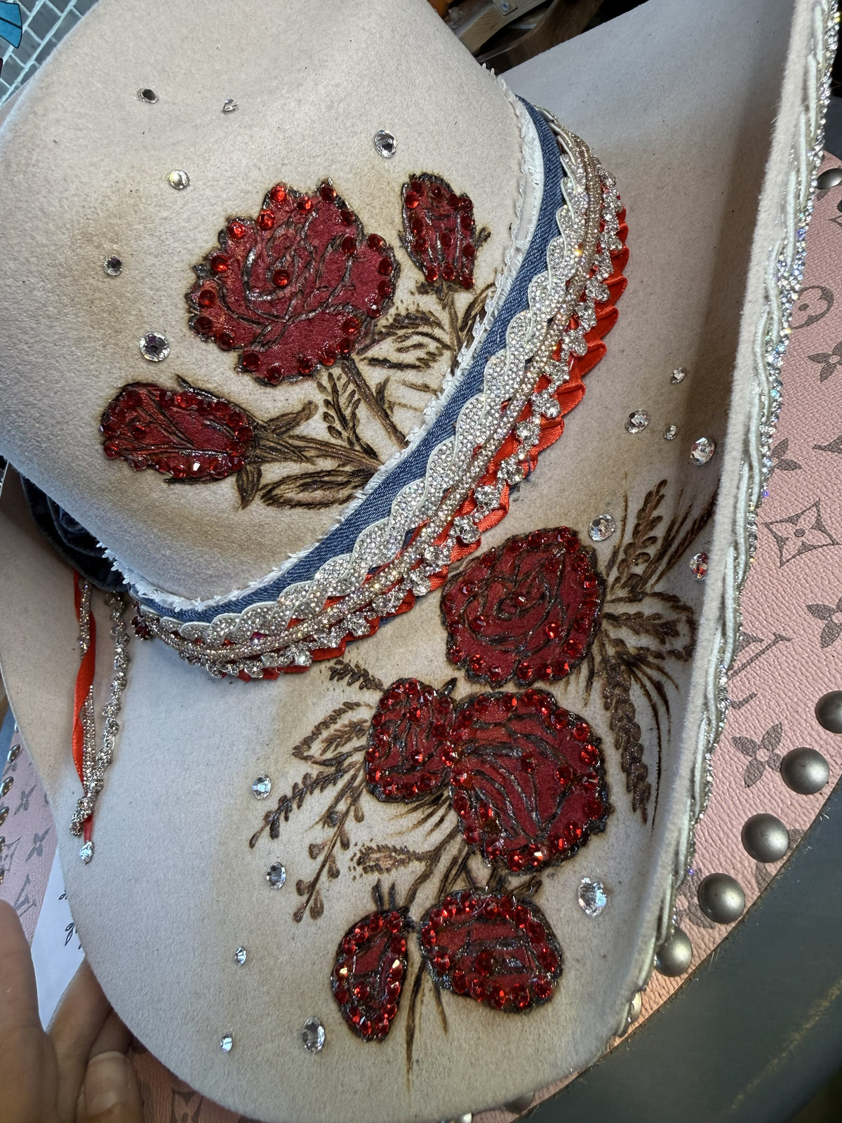 Annie’s Touch Wool Cowgirl Hat- Denim and Roses (Custom Design)