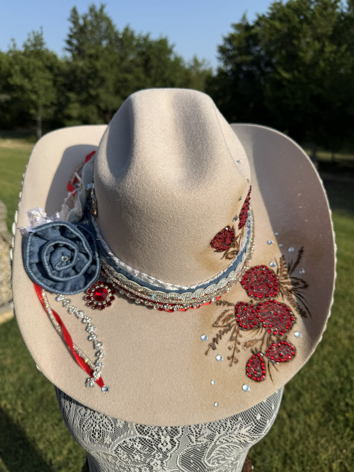 Annie’s Touch Wool Cowgirl Hat- Denim and Roses (Custom Design)