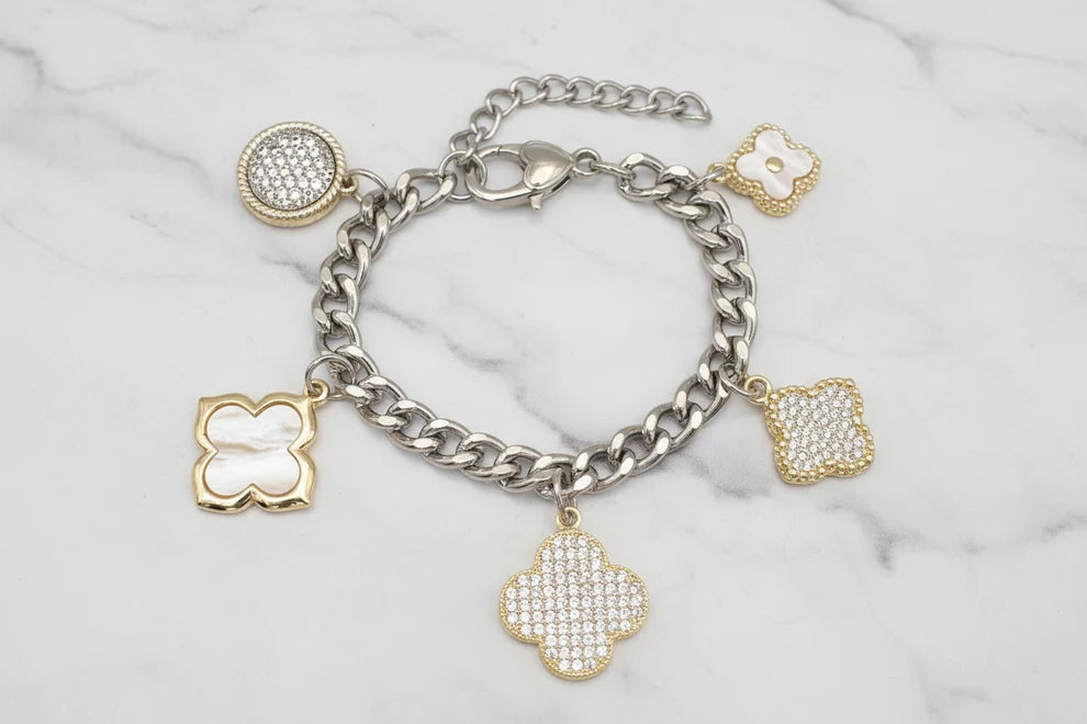 Two-Toned Cuban Chain Bracelet w/Charms