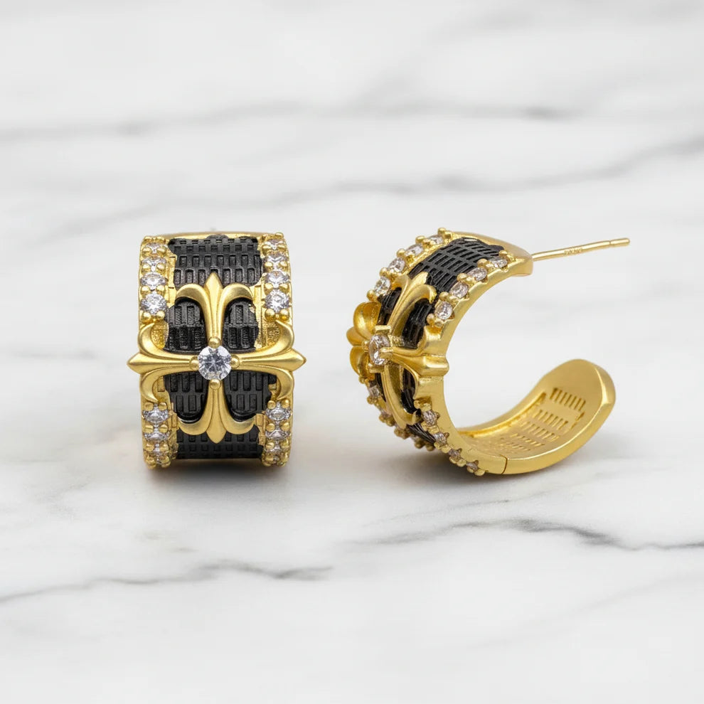 Fleur-de-Lis Two-Tone Wide Huggie Hoop Earrings