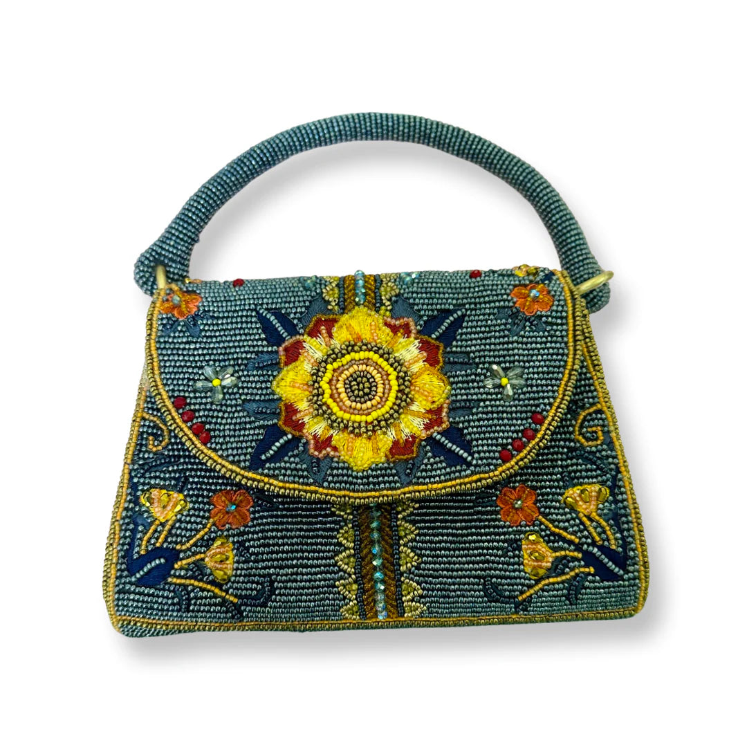 David Jeffery Handbag - Pewter Beads w/Yellow Embroidery Flowers and Beaded Handle